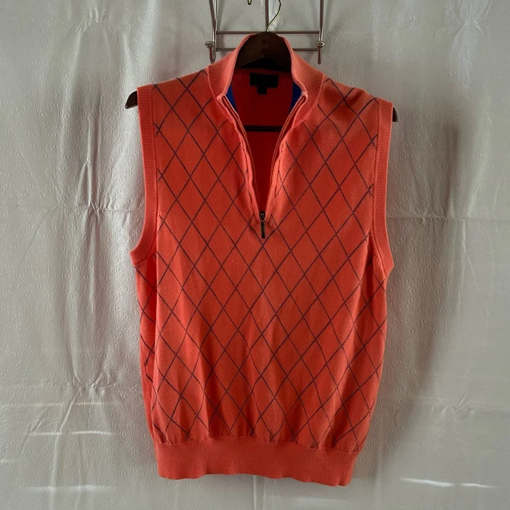 Men’s Brooks Brothers Preppy Argyle Coral/Blue 1/4 Zip Cotton Vest Size Large - Picture 3 of 7